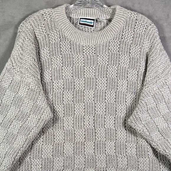 VTG Weekends Mens Sweater L Gray 3D Tonal Check Oversized Chunky Grandpacore Y2K - Picture 1 of 8